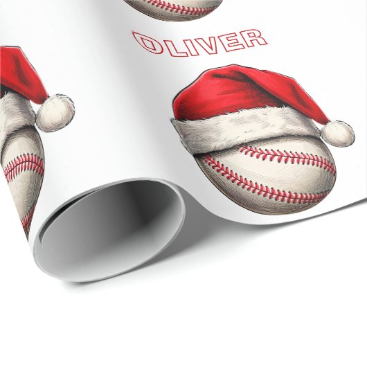 Baseball Ball Rote Weihnachtsmannmütze Name Weihna Geschenkpapier (Rolleneckpunkt)