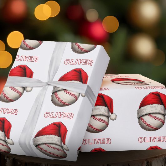 Baseball Ball Rote Weihnachtsmannmütze Name Weihna Geschenkpapier
