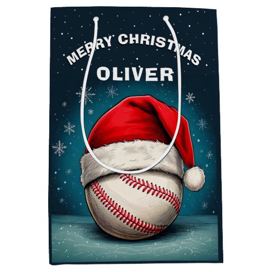 Baseball Ball Rote Weihnachtsmannmütze Name Weihna Mittlere Geschenktüte (Vorderseite)