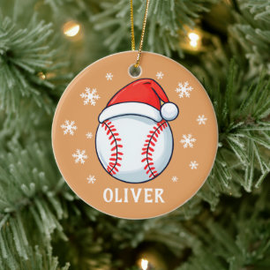 Baseball Ball Roter Santa Hut Schneeflocke Name  Keramik Ornament