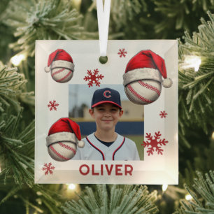 Baseball Ball Santa Claus Hut Name Foto Weihnachte Ornament Aus Glas