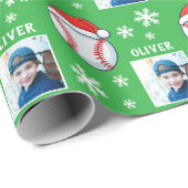 Baseball Ball Santa Hat Snowflake Name Photo Geschenkpapier (Rolleneckpunkt)