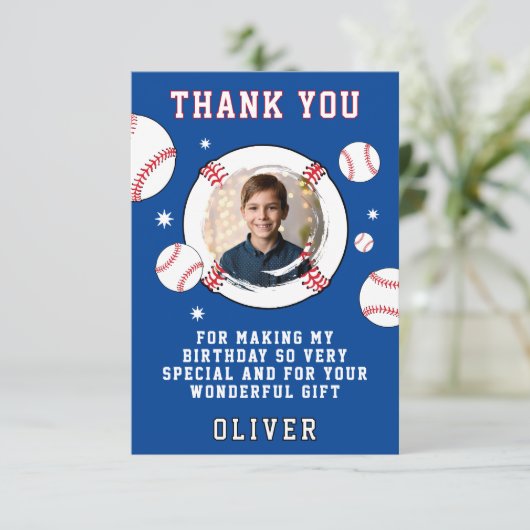 Baseball Ball ThemenBirthday Party Foto Dankeskarte (Stehend Vorderseite)