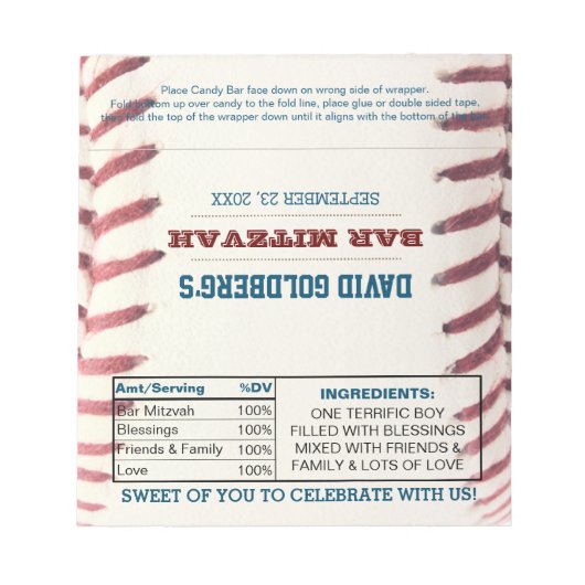 Baseball Bar Mitzvah Chocolate Candy Wrappers Notizblock (Vorderseite)