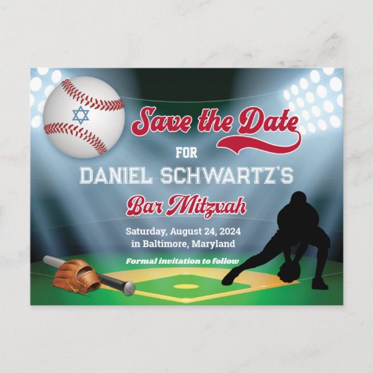 Baseball Bar Mitzvah Save the Date Postcard Postkarte (Vorderseite)
