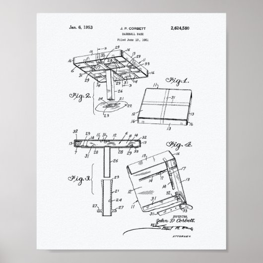 Baseball Base 1953 Patent Kunst Weißpapier Poster (Vorne)