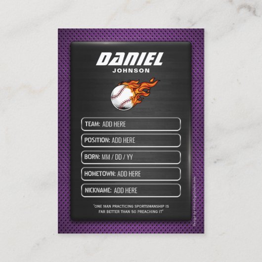 Baseball-Baseball-Baseball-Player für lila Basebal Telefonnummerkarte (Rückseite)