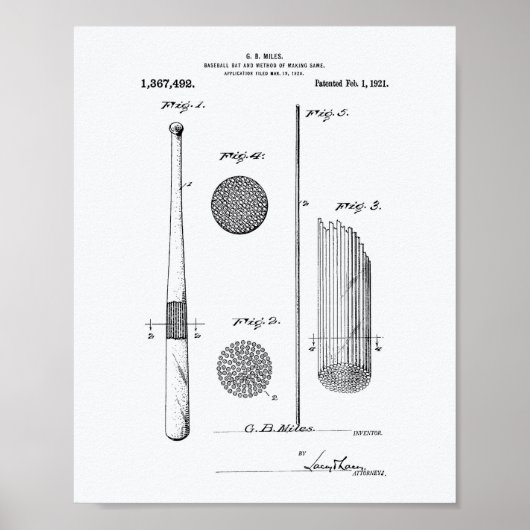 Baseball Bat 1921 Patentart - Weißbuch Poster (Vorne)