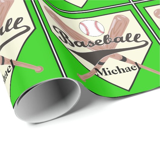 Baseball Bat und Ball Personalisiert grünes Gesche Geschenkpapier (Rolleneckpunkt)
