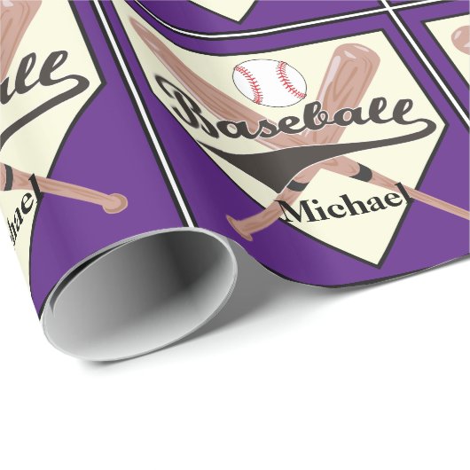 Baseball Bat und Ball Personalisierte Lila Geschen Geschenkpapier (Rolleneckpunkt)