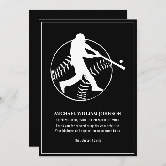 Baseball Batter Beerdigung Gedenkstein Schwarz-Wei Dankeskarte (Vorne/Hinten)