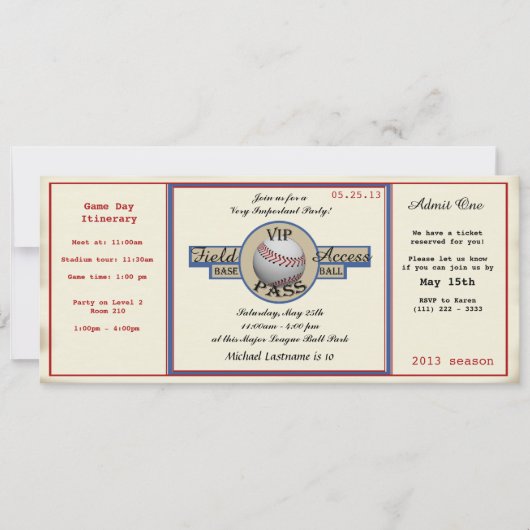 Baseball-Birthday-Feldpass Einladung (Vorderseite)