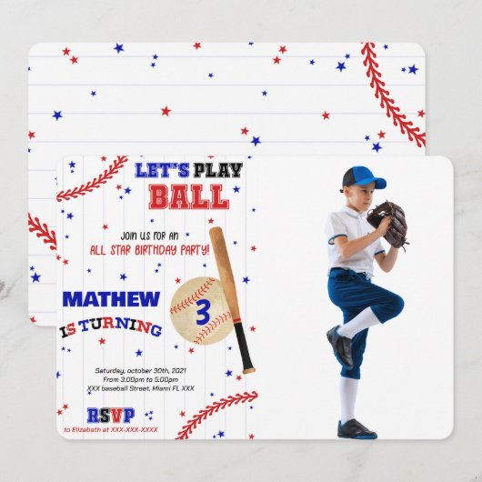Baseball Birthday Foto Einladung (Vorne/Hinten)