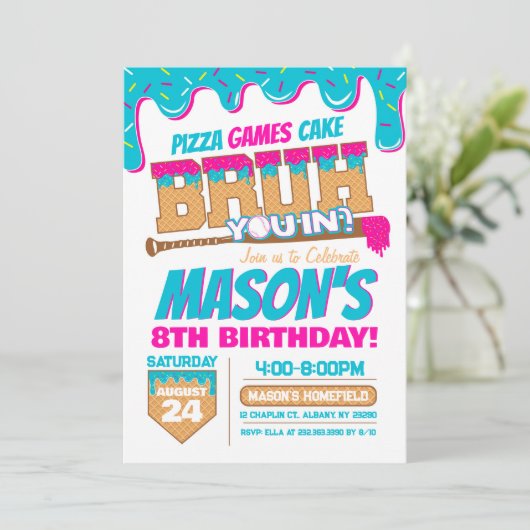 Baseball Birthday Invitation Drip Bruh Theme Einladung (Stehend Vorderseite)