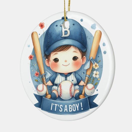 Baseball Bliss Baby Boy Ankündigung Kinderdusche Keramik Ornament (Links)