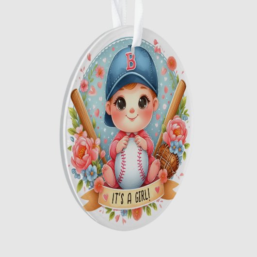 Baseball Bliss Baby Girl Ankündigung Floral Baby Ornament (Vorderseite)