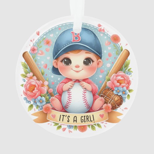 Baseball Bliss Baby Girl Ankündigung Floral Baby Ornament (Rückseite)