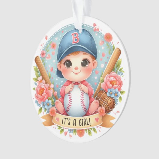 Baseball Bliss Baby Girl Ankündigung Floral Baby Ornament (Vorderseite)