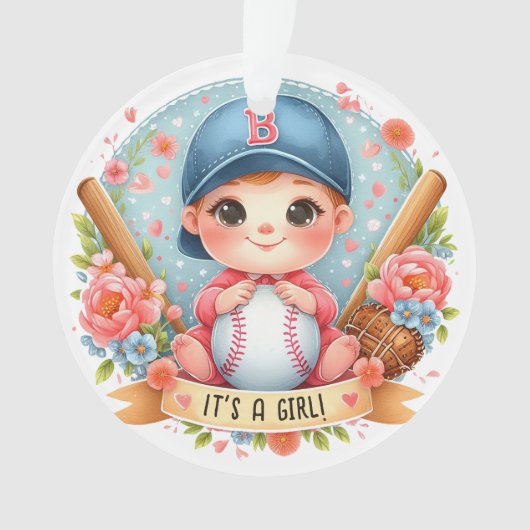 Baseball Bliss Baby Girl Ankündigung Floral Baby Ornament (Vorderseite)