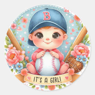Baseball Bliss Baby Girl Ankündigung Floral Baby Runder Aufkleber