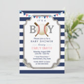 Baseball Boy Nautical Navy Stripes Babydusche Einladung (Stehend Vorderseite)