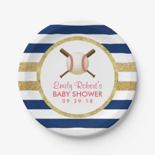 Baseball Boy Navy Blue & Gold Stripes Baby Dusche Pappteller