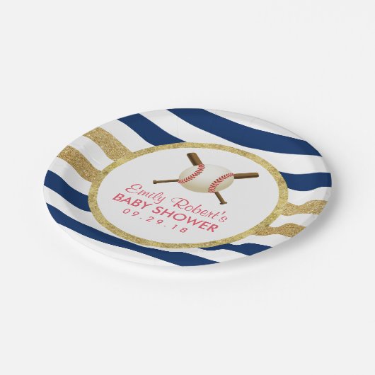 Baseball Boy Navy Blue & Gold Stripes Baby Dusche Pappteller (Schrägansicht)