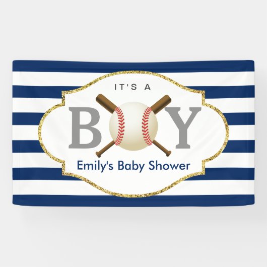 Baseball Boy Navy Blue Stripes Baby Dusche Banner (Horizontal)