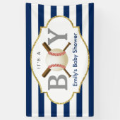 Baseball Boy Navy Blue Stripes Baby Dusche Banner (Vertikal)