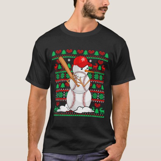 Baseball Boys Men Christmas Snowman Players Ugly X T-Shirt (Vorderseite)