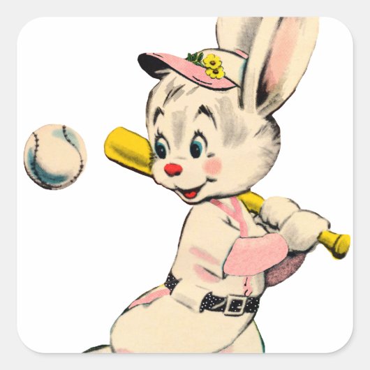 Baseball-Bunny in Rosa Quadratischer Aufkleber (Vorderseite)