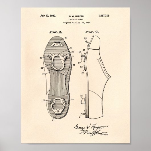 Baseball Cleat 1928 Patent Art Old Peper Poster (Vorne)