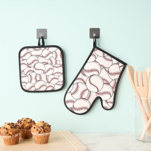 Baseball Design Oven Mitt und Pot Holder Ofenhandschuh & Topflappen-Set (Insitu (Hängend))