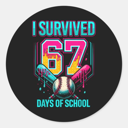 Baseball Drip Number 67 I Survived 67 Days Of Scho Runder Aufkleber (Vorderseite)