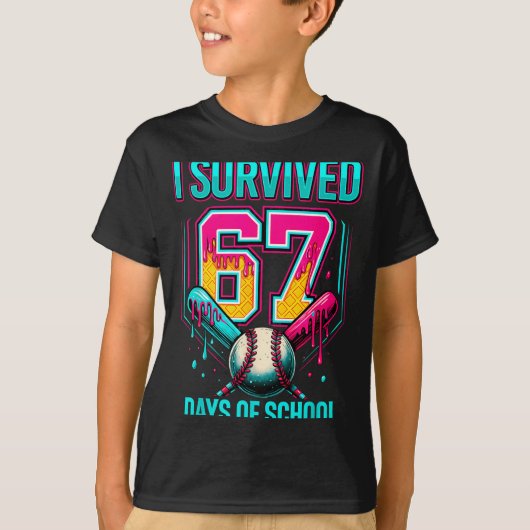 Baseball Drip Number 67 I Survived 67 Days Of Scho T-Shirt (Vorderseite)