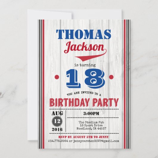 Baseball Einladung zum 18. Geburtstag. Rustikales  (Vorderseite)