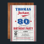 Baseball Einladung zum 90. Geburtstag. Rustikales<br><div class="desc">Jedes Alter - Sie können die Zahl so ändern,  wie Sie möchten.
Sie können den Text-Schwanz verschieben und verändern,  um ihn Ihrem Namen anzupassen.
Rustikaler Holzboden für eine schicke und dennoch elegante Einladung für Erwachsene oder Kinder.
Rot und Blau.</div>