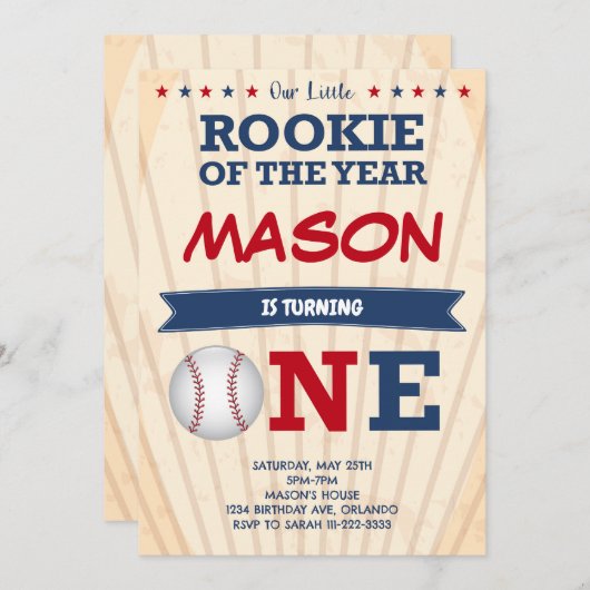 Baseball Einladung zum ersten Geburtstag (Vorne/Hinten)