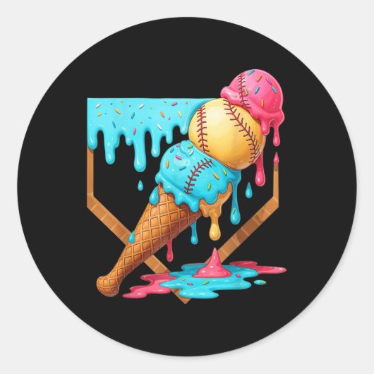 Baseball-Eiscreme tropft Funny Baseball Männer ste Runder Aufkleber (Vorderseite)