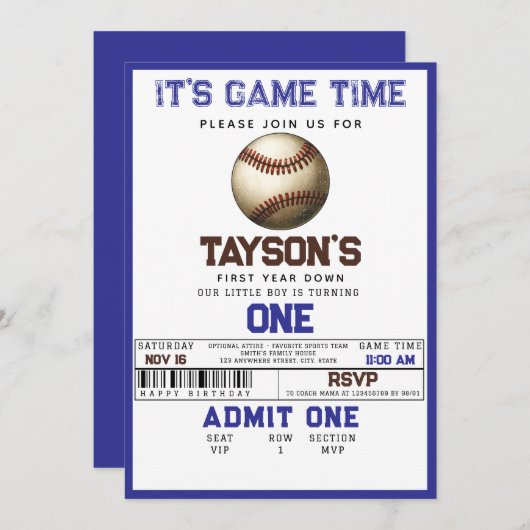 Baseball erstes Jahr ab 1. Geburtstag Einladung (Vorne/Hinten)