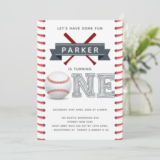 Baseball First Birthday Boy Einladung (Stehend Vorderseite)