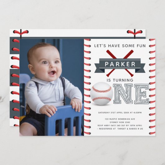 Baseball First Birthday Boy Foto Einladung (Vorne/Hinten)