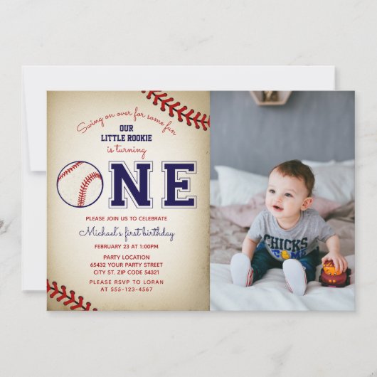Baseball First Birthday Foto Einladung (Vorderseite)