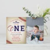 Baseball First Birthday Foto Einladung (Stehend Vorderseite)