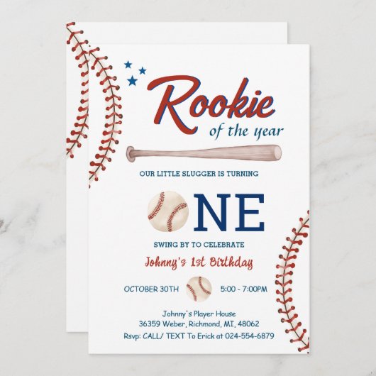 Baseball First Birthday Rookie des Jahres Foto Einladung (Vorne/Hinten)