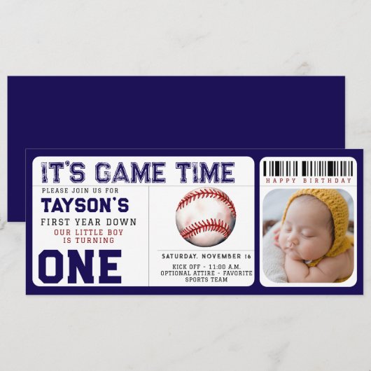 Baseball First Year Down 1. Geburtstag Ticket Einladung (Vorne/Hinten)