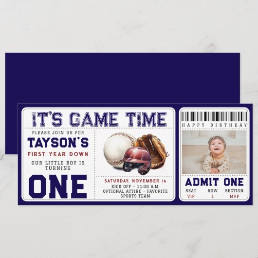 Baseball First Year Down 1st Birthday Ticket Einladung (Vorne/Hinten)