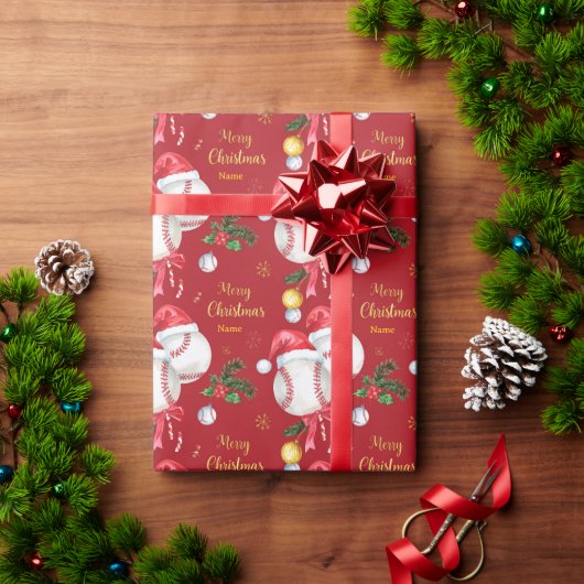 Baseball for Christmas with Santa Hat  Geschenkpapier (Feiertagsgeschenk)