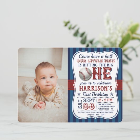 Baseball Foto 1. Geburtstag Einladung (Stehend Vorderseite)