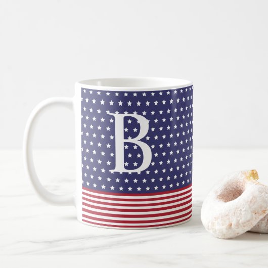 Baseball Game Red, White & Blue Monogram Kaffeetasse (Mit Donut)